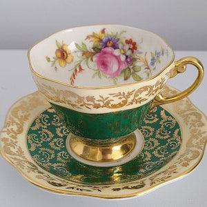 Rare Vintage EB Foley Green Rose Bouquet, Bone China, Tea Cup and Saucer