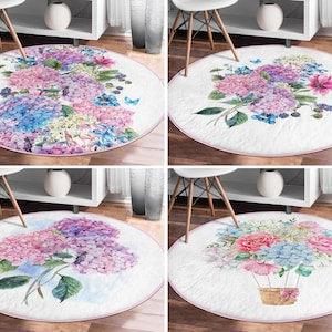 RealHomes Hyrangea Round Rug|Floral Floor Carpet|Vivid Non Slip Circle Rugs|Rose Anti Slip Mat|Bouquet Area Rugs|Purple Rug For Living Room
