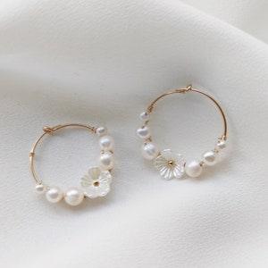 Beaded Hoop Earrings - Flower Hoops, Wedding Hoop Earrings, Bridal Earrings, Elegant Hoop Earrings, Dainty Pearl Hoops, Bridesmaid Gift