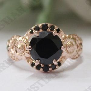 2.30ct, AAA Natural Black Onyx Engagement Ring, Bridal Black Spinal Ring, Art deco Sunflower Ring, Black Stone Ring, Gift For Valentine