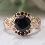 2.30ct, AAA Natural Black Onyx Engagement Ring, Bridal Black Spinal Ring, Art deco Sunflower Ring, Black Stone Ring, Gift For Valentine