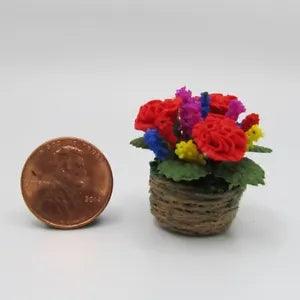 Dollhouse Miniature Red Carnations with Colorful Accent Flowers in Basket B0546