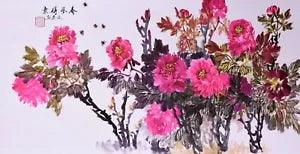 100% ORIENTAL ASIAN ART CHINESE WATERCOLOR PAINTING-Fortune Peony flower&bee
