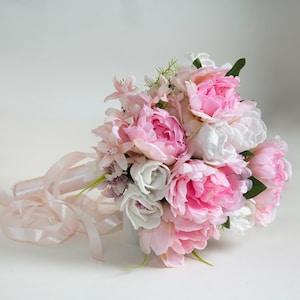 Spring wedding bouquet, bridal bouquet with peonies and tulips flower and wedding boutonniere, wedding corsage