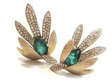 Rare Trifari Water Lily Lotus Flower Clip Earrings w Flawed Emerald Rhinestones