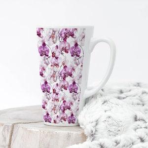 Beautiful Purple Orchids Coffee Tea Latte Mug Cup 17 Oz Ceramic White, Colorful Floral illustration, Personalized Gift by Mugzan