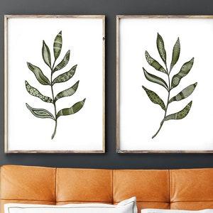 Gallery Wall Set of Two Prints, Olive Green Leaf Prints with Black and White Detail, Giclee Watercolor Paintings, Diptych Artwork for Walls
