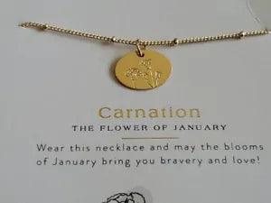 Birth Flower Necklace, Month Of January 14k Dipped 16"-18" Carnation Etched