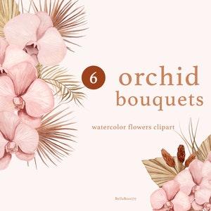 Watercolor Flowers Clipart, Pink Floral Bouquets, Boho Wedding, Watercolor Wedding, Dried Leaves, Fall Wedding, Rose Orchids, Palm Leaves