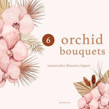 Watercolor Flowers Clipart, Pink Floral Bouquets, Boho Wedding, Watercolor Wedding, Dried Leaves, Fall Wedding, Rose Orchids, Palm Leaves