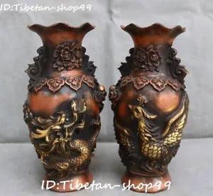 China Bronze Gilt Dragon Phoenix Peony Flower Vase Bottle Pot Pitcher Pair