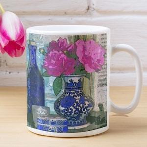 Mottahedeh ginger jar coffee mug, Pink peony bouquet soup mug, Chinoiserie vase teacup, Oriental botanical print cocoa cup, Summer blossoms