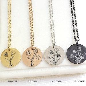 Combined Birth Flower Bouquet Necklace, dainty coin pendant engraved with up to 7 Birth Month flowers, personalized birthday gift for mom
