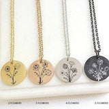 Combined Birth Flower Bouquet Necklace, dainty coin pendant engraved with up to 7 Birth Month flowers, personalized birthday gift for mom