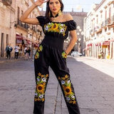 Mexican Sunflower Embroidered Jumpsuit. Floral Embroidered Jumpsuit. Fashion Mexican Clothing. Artisanal Mexican Jumpsuit. Boho Hippie Style
