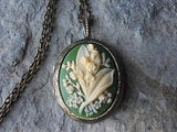 LILY OF THE VALLEY CAMEO LOCKET - ANTIQUE BRONZE, VINTAGE LOOK, QUALITY,  GREEN