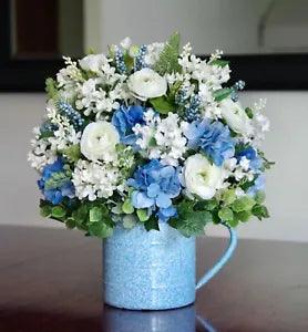 Vintage Enamel Sponge Ware Blue and White Pitcher with Silk Arrangement