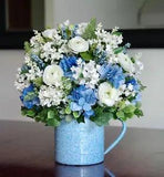 Vintage Enamel Sponge Ware Blue and White Pitcher with Silk Arrangement