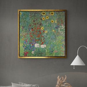 Gustav Klimt Canvas, Farm Garden with Sunflowers, Famous Wall Art, Flowers Canvas, Sunflowers Wall Art, Klimt Wall Art, White Framed Canvas