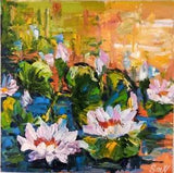 Original Art Water Lilies Oil 3D Texture Painting Pond Plants Floral Artwork