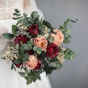 Burgundy eucalyptus flower bouquet Greenery Wedding bouquet with roses Dark red and peach blush bridal bouquet Wedding accessories Magaela