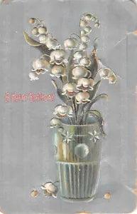 Glass Filled With Lovely Lily of the Valley on Silver Background-1913 Birthday P