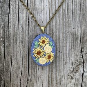 Sublime Sunflower Embroidered Necklace, Floral Pendant Necklace, Hand Embroidered Jewelry, Gift For Her