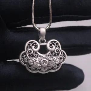 NEW LISTINGReal 999 Pure Silver Pendant For Women Baby Vintage Peony Flower Longevity Lock