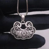 NEW LISTINGReal 999 Pure Silver Pendant For Women Baby Vintage Peony Flower Longevity Lock