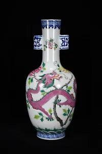 12.6" Old dynasty Porcelain qianlong mark famille rose Dragon peony flowers vase