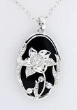 Vintage Lily Flower with  Rhinestone, Oval Shape Pendant Necklace-(N1026)