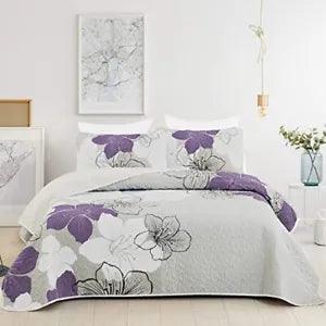 3 Pieces Quilt Set King Purple Lily Pattern King (104"x 90") Purple Flower