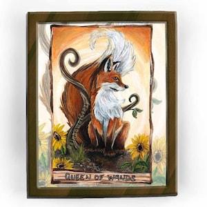 Red Fox Print, Sunflower Decor, Large Wall Art, Queen of Wands Tarot Card, Wildlife Poster, Orange and Yellow, Animism Tarot Deck
