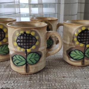 Hand Painted Sunflowers Coffee Mugs Set of 4 Vintage MCM Art Pottery Japan Relief Glaze Sunflowers Daisies 3.75"