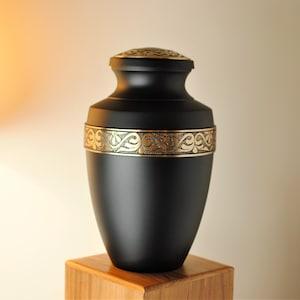 Gold on Black : Cremation Urn for Human Ashes | Handcrafted Adult Brass Urn | Golden Engraved on Black Urn | Large 11" | with Velvet Bag