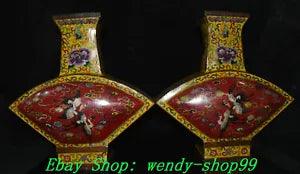 15" Qianlong Marked Cloisonne Enamel Bronze Crane Peony Flower Vase Bottle Pair