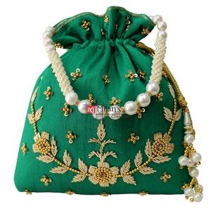 Indian Potli Bag Purse Zardosi & Pearls Hand Embroidered Drawstring Women's Handbag With Tassels and Pearl Handle (Green): Milan's Creation