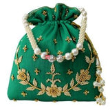 Indian Potli Bag Purse Zardosi & Pearls Hand Embroidered Drawstring Women's Handbag With Tassels and Pearl Handle (Green): Milan's Creation