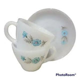 Fire King  Oven Ware Bonnie Blue Flower Carnation Vtg. Coffee Cups(2) & 1 Saucer