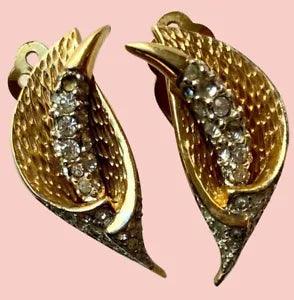Jomaz Calla Lily  Earrings,Diamond Rhinestone Studded,Signed,Gold Tone,Pre Owned