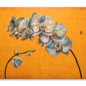 Teal & Orange Orchid flower Oil painting on natural wood Handmade OOAK Gift Decoration