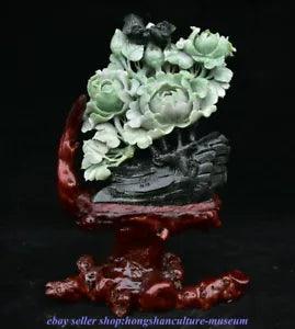 12.8 "China Natural Green Dushan Jade Carved Peony Flower Bird Statue Sculpture