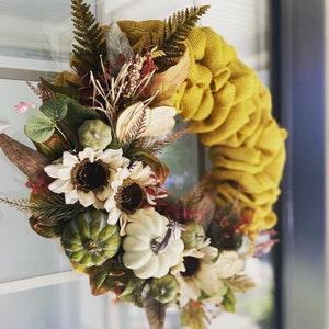 Fall autumn wreath, front door decor, pumpkin wreath, mustard yellow fall floral