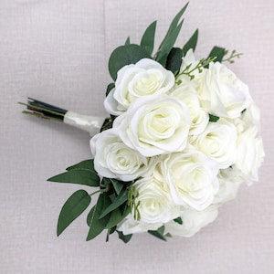 White Greenery Rose Bridal Bouquet,  Silk wedding flowers, Rose Bridal Bridesmaids Flowers, Artificial Wedding Flowers