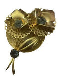 Vintage Brooch Pin Double Calla Lily Flowers Faux 3 Blue Stones Gold Tone 2.5???