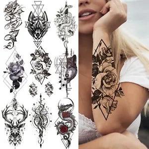 Geometry Flower Rose Tattoos - Fake Peony Letter Tattoos Sticker Decoration 1pc