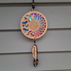 Sunflower with Dragonflies Suncatcher | Laser Cut Wood with Repurposed DVDs