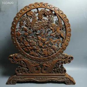 14" China old Boxwood Hand-carved hollow Phoenix peony flower screen statue