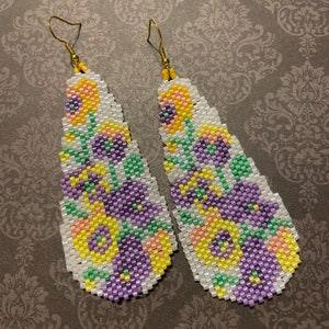 Hand beaded earrings, miyuki seed beads, violet flower earrings, long dangle earrings, pop art.
