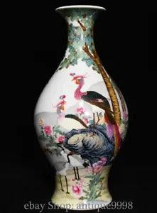 13.4'' Qing Yongzheng Famille Rose Porcelain Peacock Peony Flower Bottle Vase